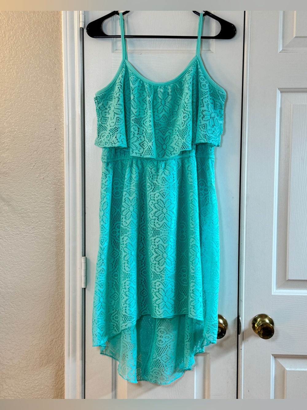 Bailey Blue Womens Turquoise Spaghetti Strap Knitted Crochet HiLo Short Dress XL